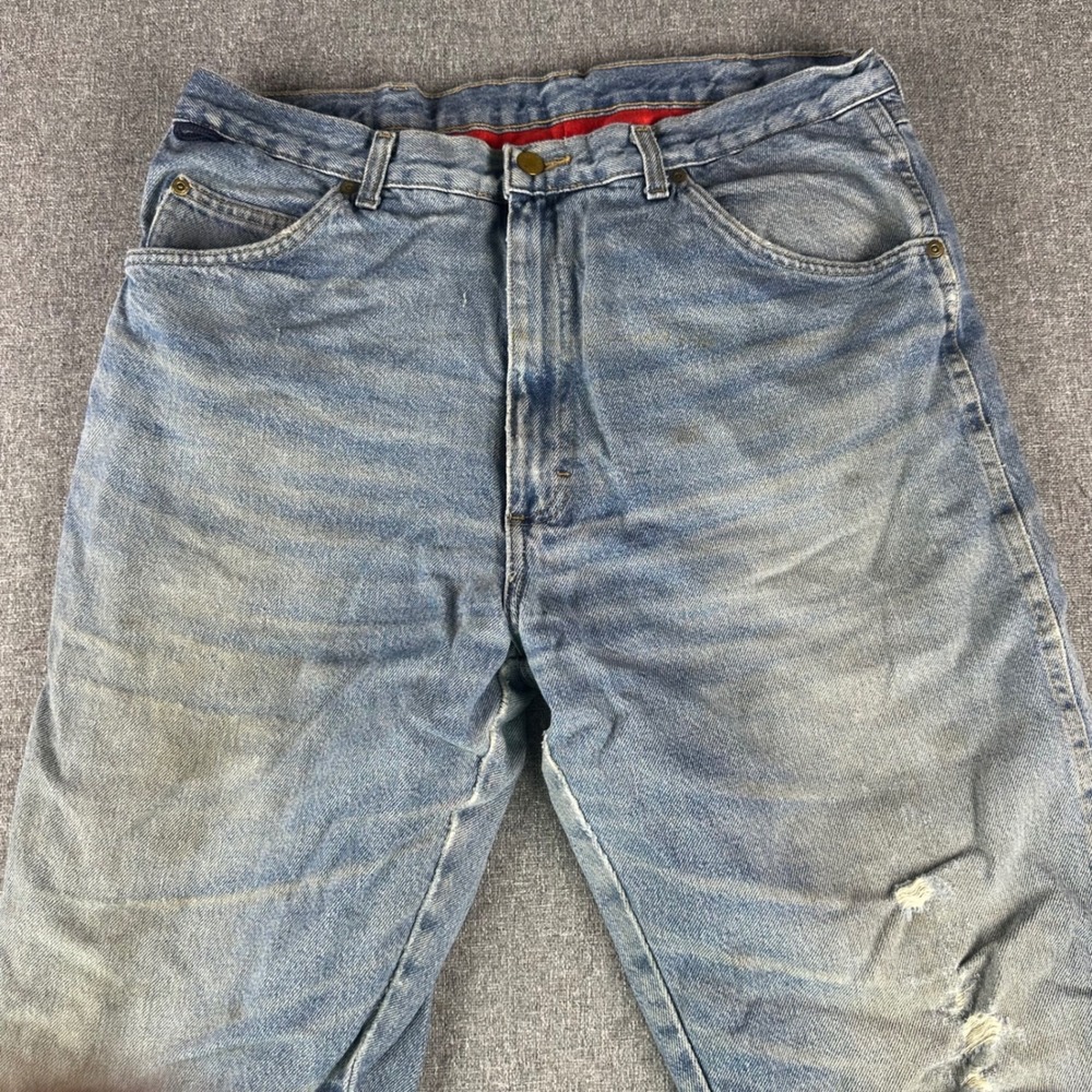 Wrangler Jeans Mens 36x30 Rugged Wear Blue Fleece Lined Insulated Distressed - Picture 3 of 13